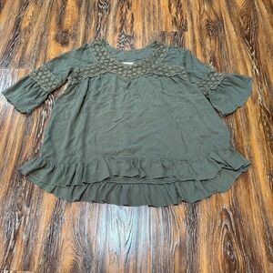 Tantrums M Blouse Womens Olive Green Swiss Dot Crochet Lace Babydoll Top Shirt